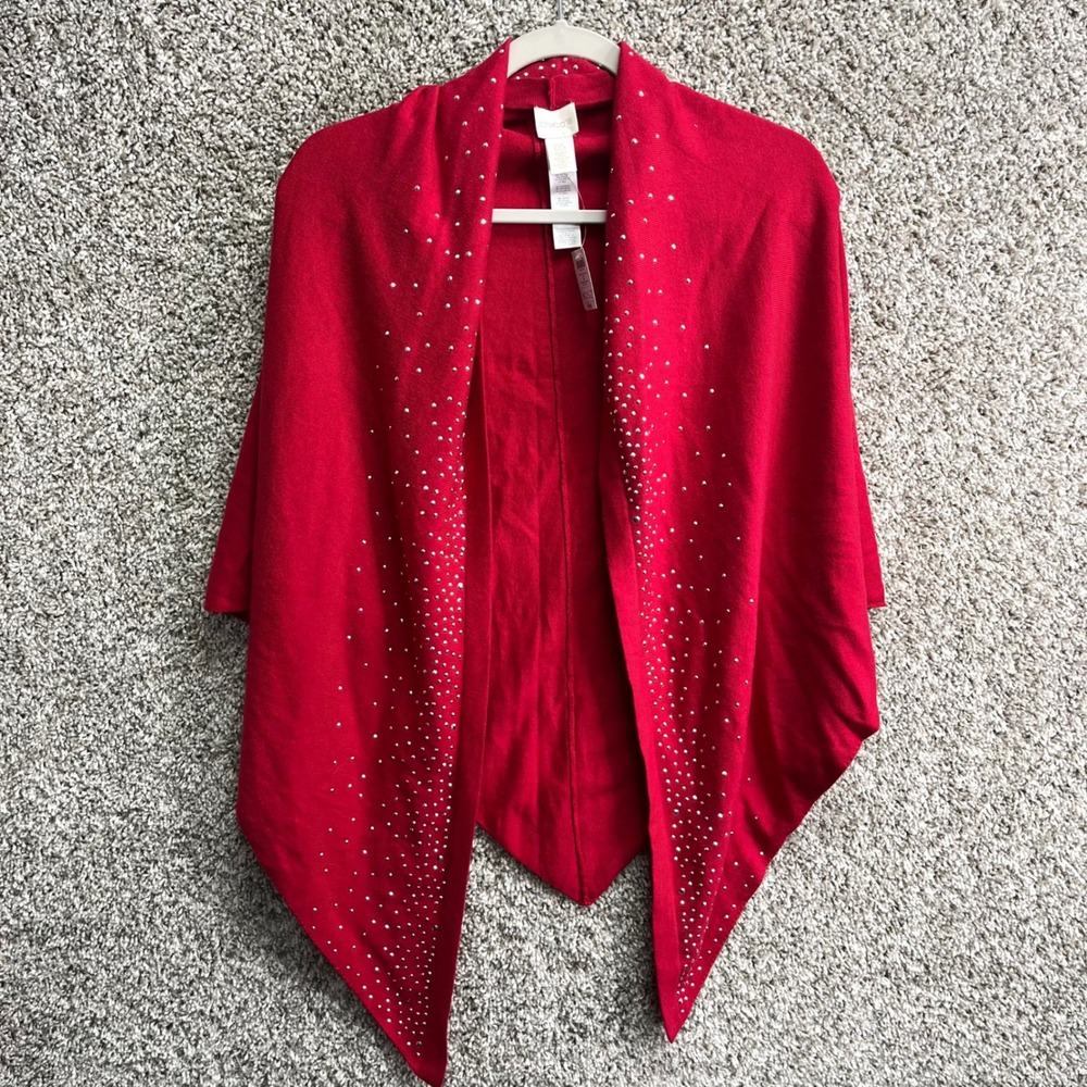 Chico's Renaissance Red Sizzling Sparkle Studded Knit Shawl Wrap in OS NEW
